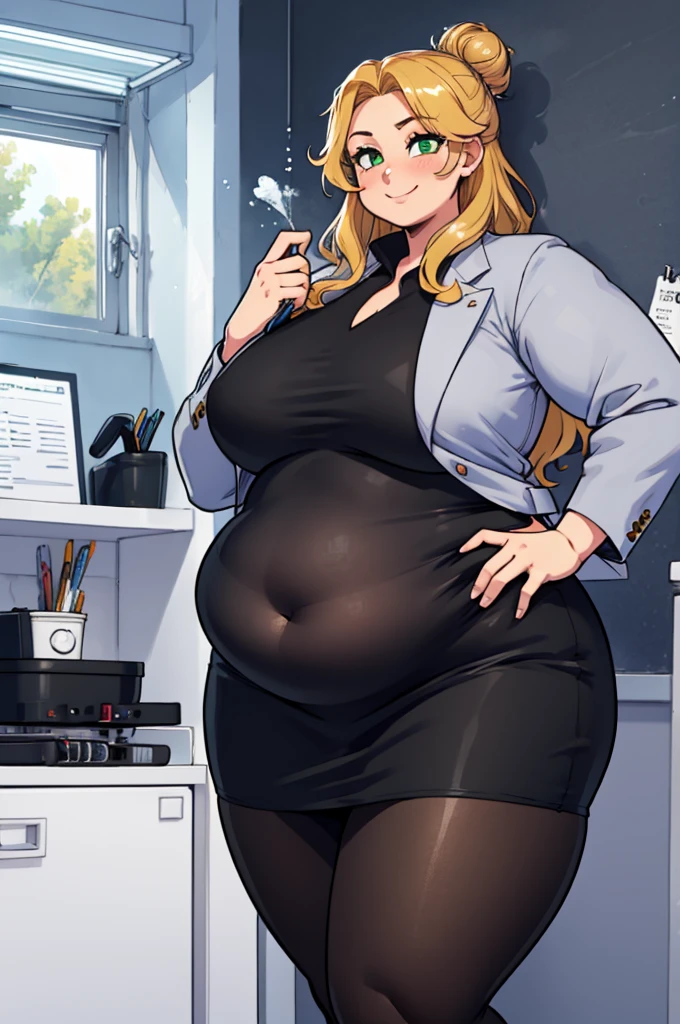 ((high aesthetic, art by BetterWithSalt)), 1girl, wavy blonde hair, hair in a bun, green eyes, black pencil skirt, dress shirt, (pantyhose), cute smile, ((plump)), [stuffed_belly], (cowboy shot), fancy office background with lots of windows, (best quality, masterpiece)
