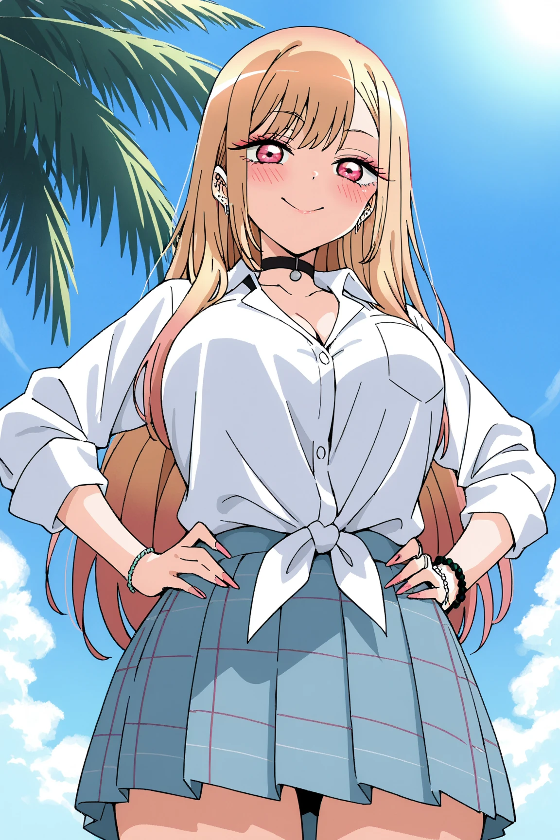 G-Cup masterpiece highest quality High resolution Big Breasts underwear sexy Adult female Blonde school uniform high school student Glaring eyes Mouth slightly open smile Long Straight Show me your pants