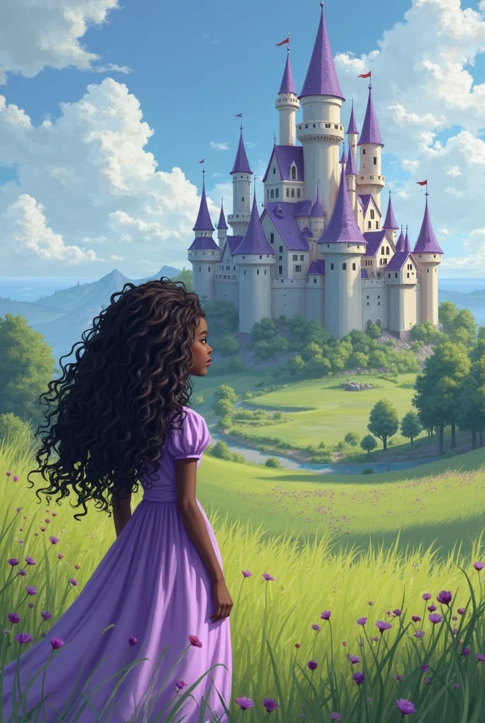A beautiful Disney princess afro Snow White very scared wearing a crown in the forest with many cute animals near her., Many flowers of various colors. A sunny day. with a river and a fairytale castle in the background. Walt Disney cartoon style masterpiece style, various angles looking at the camera, big orange and red roses, 3, cute animals, very scared, seeing something scary approaching. Detail of the angle, on his terrified face