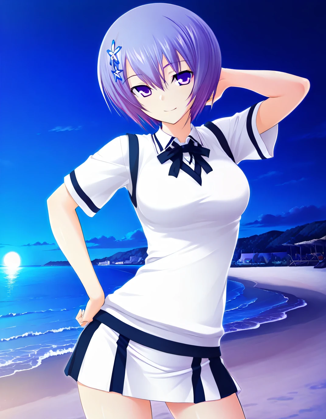 shiina miyako, purple hair, short hair, purple eyes, hair ornament, medium breast, short sleeves, white sweater vest, white shirt, white skirt, neck ribbon, black ribbon, game screencap, high quality, solo, night sky, beach, hand behind head, hand on hip, ((contrapposto)), closed mouth, cowboy shot, looking at viewer, smile, best quality