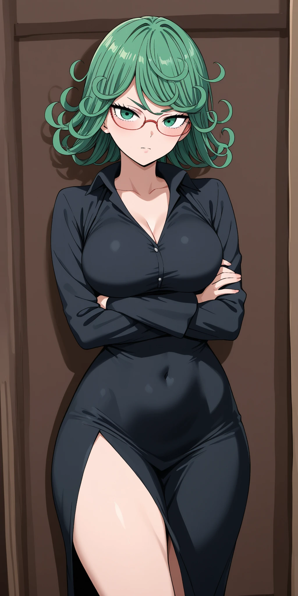 rating_explicit, fubuki from one punch man, black dress, cleavage, necklaces, white bra, leaning in a wall