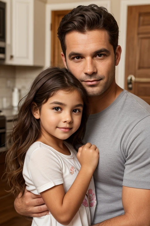 An 8-year-old daughter wearing a pink nightgown is held by her 30-year-old father......//Father puts his hand on the shoulder strap of his nightgown..
