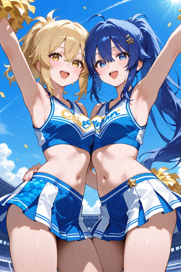 2girls , big breasts , Cheerleader Outfit , (sideways , smile:0.8) , anime