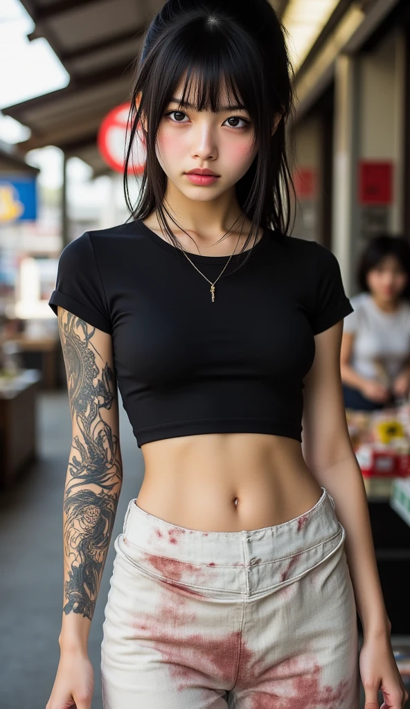 1 girl full body, Hoodie, Wear jeans，arm tattoos, photore, Asymmetrical bangs, Adhesive bandage, short detailed hair, bangs, Breasts, freckle, With gray eyes, Large breasts, neck tattoo, Piercing on the nose, Pink hair, Solo, tattoo on the face, Upper body, Detailed background, Town, alley,, Photorealistic, Street photography, Masterpiece, Realistic, Realism, Photorealism, High contrast, Artstation 8k，High-definition photorealistic digital art trends, Detailed, Skin texture, ultra - detailed, Realistic skin texture, armature, Best quality, 超高分辨率, (Photorealistic:1.4),, high resolution, Detailed, RAW photo, Sharp Re,   Kodaport 400，Camera f1.6 shots，rich colours，The ultra-realistice，Realistic textures，dramatic  lighting，unreal-engine，The trend is on the ArtStation Cinestill 800