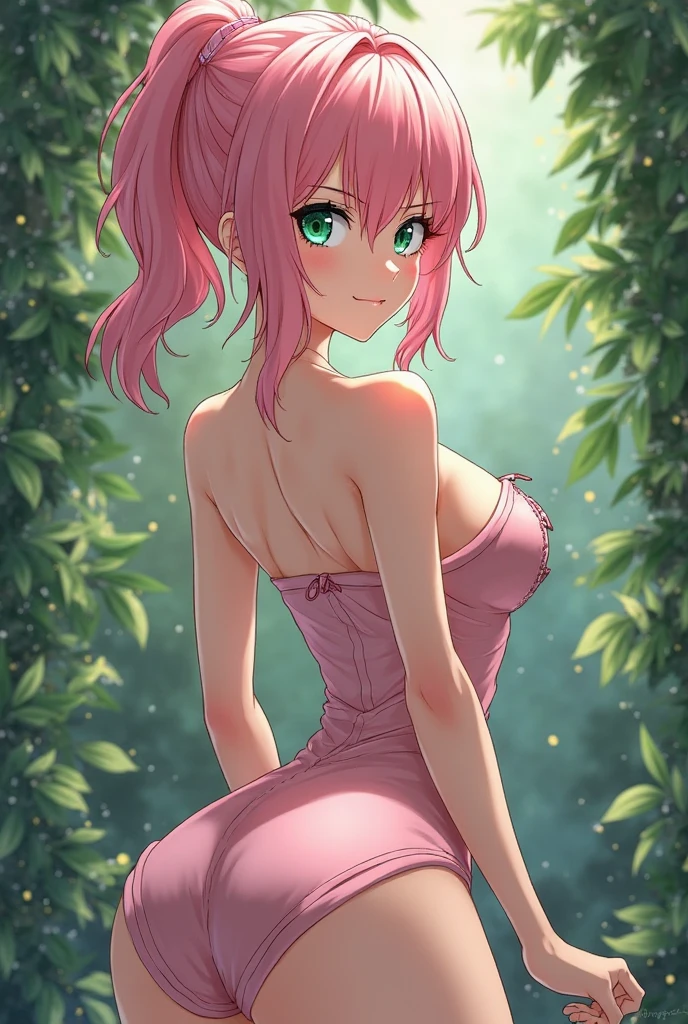 (masterpiece:1.2, best quality),
1girl,solo,
large breasts, 3/4 body, headband,
pink hair, short hair, green eyes, lipstick,
red dress, bare shoulder,
looking back, sakura, haruno_sakura,