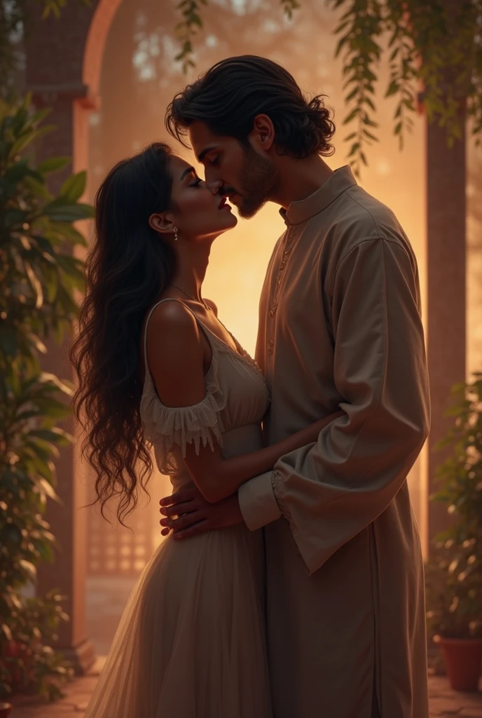 Here is a revised description with the names Ehsan and Urooj mentioned again:
Ehsan and Urooj sat together on the beautiful dewan, their love radiating like the warm candlelight surrounding them. Ehsan's eyes adored Urooj as he gently brushed a strand of hair behind her ear. Urooj's smile captivated Ehsan's heart, filling him with joy. The plush dewan's soft cushions and vibrant pillows cradled them in comfort, a perfect setting for the lovely couple. Ehsan's arm wrapped around Urooj, holding her close as they cherished each other's company.