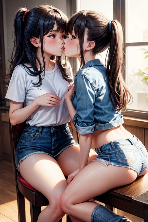 ((Mejor calidad)), ((Obra maestra)), (detallado), cara perfecta,Masturbation behavior, chorros, orinar, Pussy juice, Pussy, clitoris, public, They are standing, polera rota abierta, muchos fluidos, ahegao expretion, pechos descubierto, two girls kissing, lamiendo el pecho de la otra