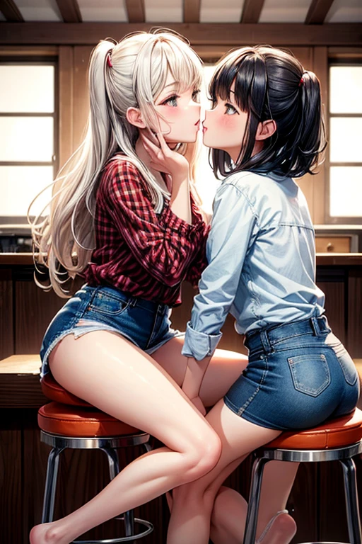 Two girls kiss while sitting on barstool cushion, denim miniskirt, white panties,