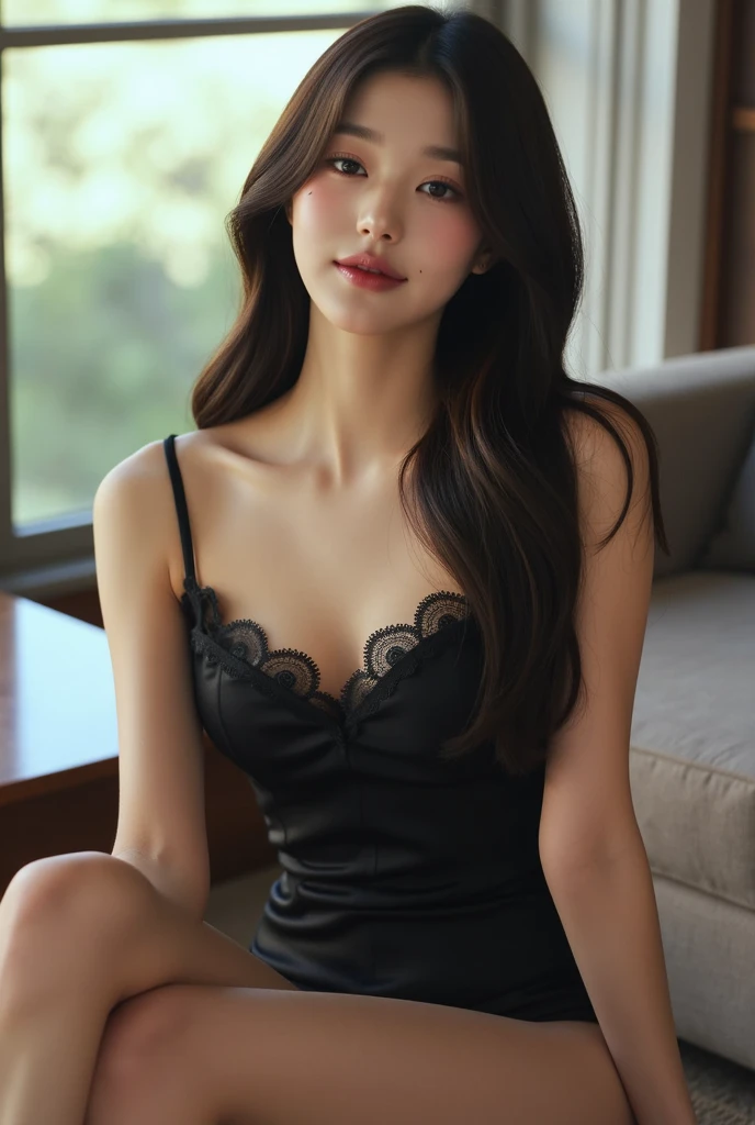 (8K,Raw photo、Raw photo、top-quality、Master masterpiece:1.2)、ultra-detailliert、Super Resolution、(Photorealsitic:1.3)、Angle to shoot from the front、Clearly draw shades of light、high resolution RAW color photos、professional photograpy、Same skin type as humanemale proofreading of Japan from head to waist、Blur the background、Draws faithfully to anatomy、Very detailed and beautiful、Ultra-high image quality、long、Hair swaying and sexy、Very detailed beautiful girl、(Pink Eye Shadow)、smil、Plain clothe、From head to foot、inside in room、Loosely curly hair、sexypose、ninja, bare shoulders, detached sleeves, cleavage,