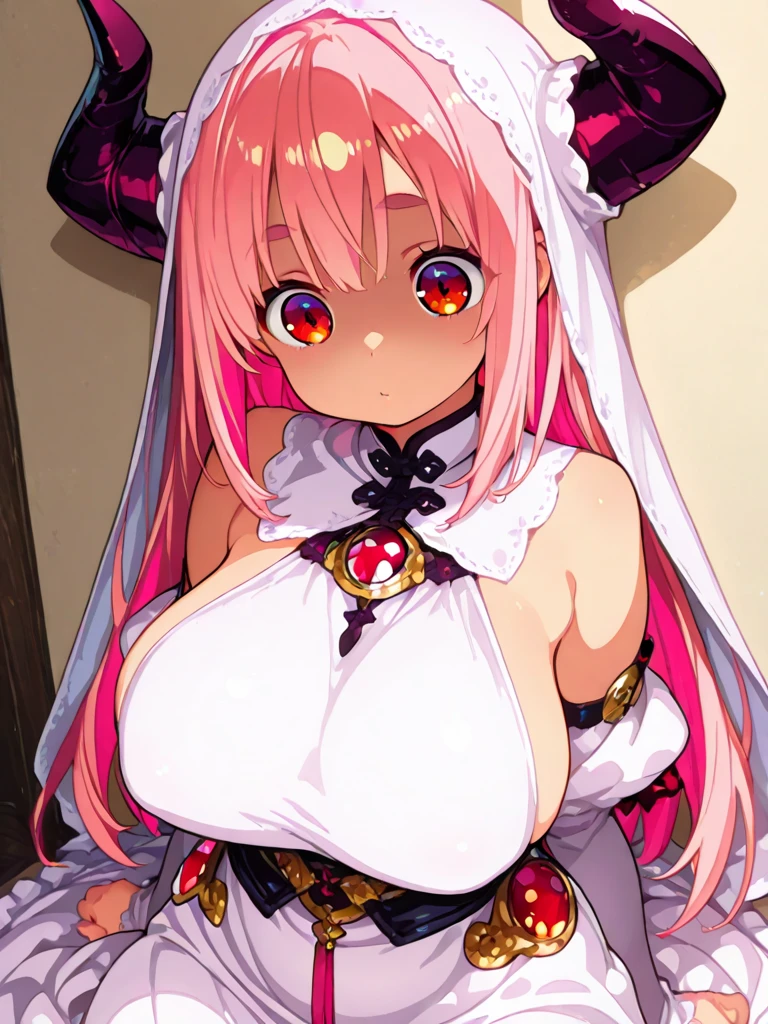 (Realistic painting style:0.9), masterpiece, best quality,  absurdres, elysia (miss pink) (honkai impact), slit pupils, elysia (honkai impact), elf, pointy ears, 1girl, pink hair, solo, gloves, breasts, maid, thighhighs, maid headdress, long hair, white thighhighs, looking at viewer, cleavage, blue eyes, bangs, white gloves, apron, frills, short sleeves, closed mouth, dress, sitting, elbow gloves, maid apron, enmaided, alternate costume, smile, frilled dress, knee up, frilled apron, puffy sleeves, official alternate costume, puffy short sleeves, pink pupils, fake horns, (manos perfectas, Perfect anatomy), Masterpiece 8k, (Beautiful,large_Breasts:1.8), big breasts, large breasts, (big breasts:1.7), (huge big breasts:1.6), saludando, saludando con la mano, sonrisa, un ojo cerrado, winking, sonrojo ligero en las mejillas