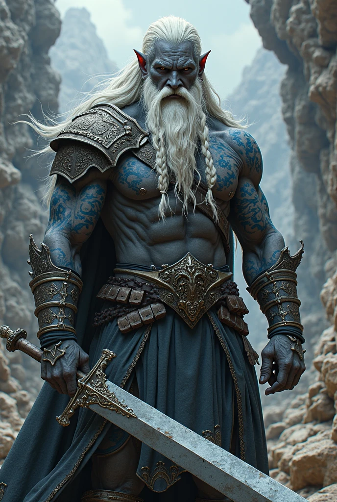 ((live-action:1.2)), photo of in real life,8k, Aboriginal mask with fangs, Kvar,1monster, long hair, long chain mail skirt, beard with knots, silver hair,A hyper-realistic movie photograph of a powerful and intimidating character with a muscular build. The character has long, wild blonde hair, and wears a fur cloak. He has large, curved horns on his head and a fierce, menacing expression with sharp teeth visible in his mouth. The character is standing in a dramatic pose, holding a weapon with a bloodstained blade. The background features a clear blue sky with some clouds and a hint of a battlefield, creating a tense and epic atmosphere, huge body