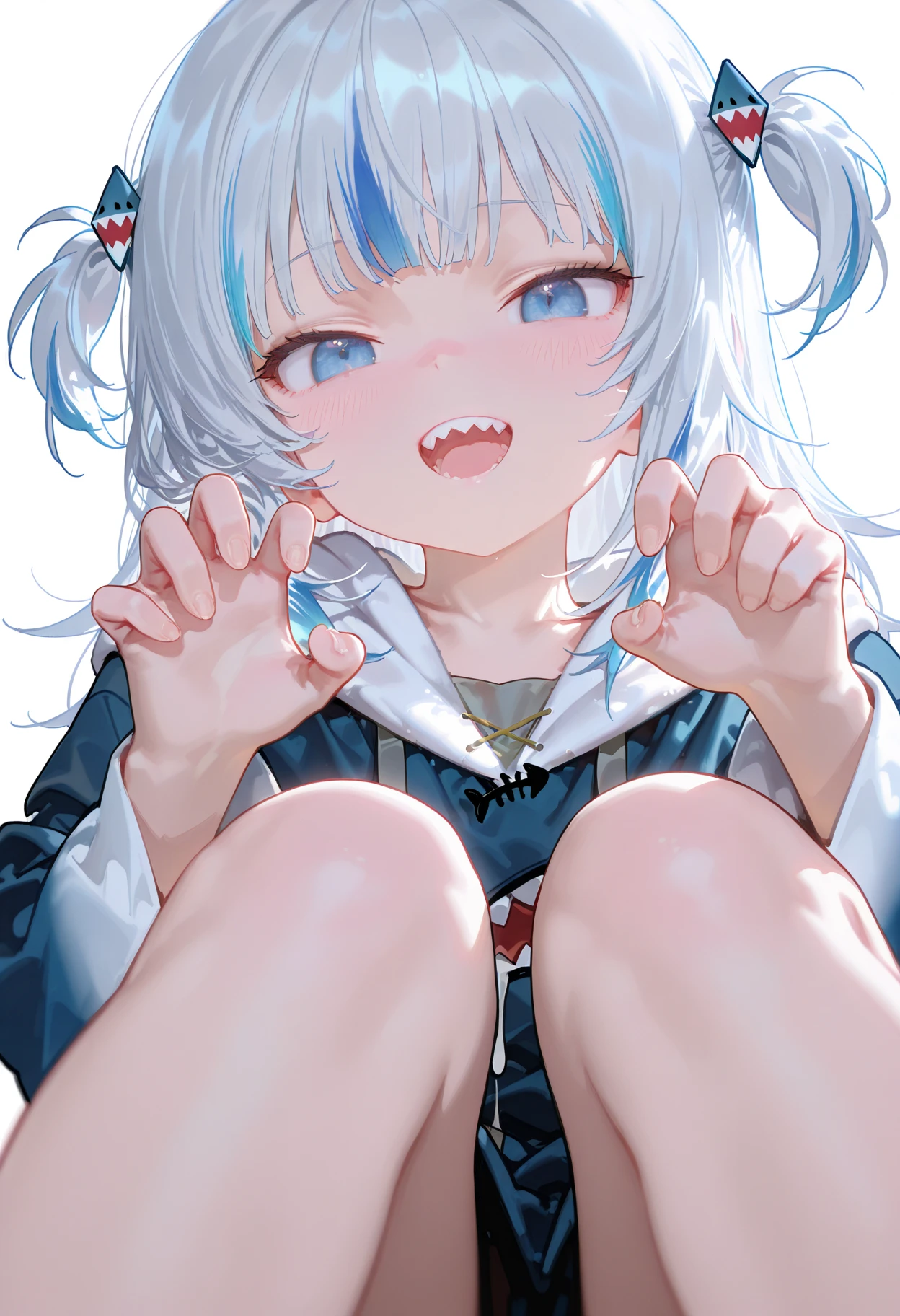 masterpiece), best quality, 1 Girl, Solitary, Clara, Collapse_Star_rail, White hair, Solid color background, permanent, whole body, barefoot,,Damaged clothes,underwear,Biye gesture,Tears,shy