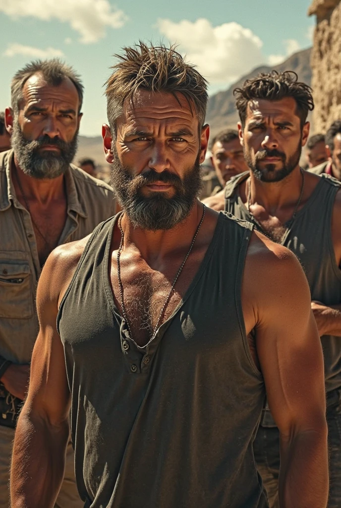 a muscular, tanned man, of Latin nationality, surrounded by ten women, in an island setting, sea in the background