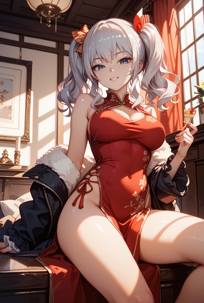 actual, , white hair, big eyes, Smile，open mouth，big breasts，glowing eyes，open lips, blush, daytime，background orc ears，Fox fairy，Kimono decoration，sexy，exposed，charming smile，Half-dressed kimono，white fox ears，White pink fox tail，high thigh slit，，Exquisite background，Mature，red background，Warm colors，red sleeves，Bright colors，white hair，Sense of lens,Lying in bed，Mature women