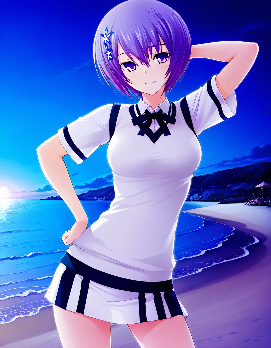 shiina miyako, purple hair, short hair, purple eyes, hair ornament, medium breast, short sleeves, white sweater vest, white shirt, white skirt, neck ribbon, black ribbon, game screencap, high quality, solo, night sky, beach, hand behind head, hand on hip, ((contrapposto)), closed mouth, cowboy shot, looking at viewer, smile, best quality