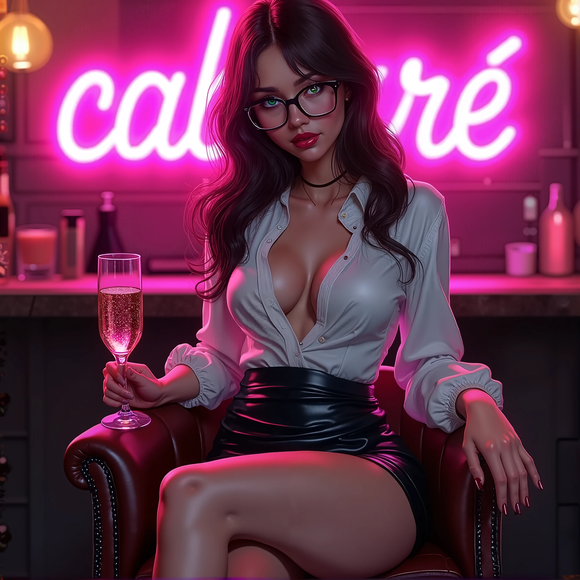 (high-energy rave:1.1),(photorealistic,vivid colors,extreme detail description),(sharp focus,ultra-detailed),(dark,moody),(glowing neon lights),oak wood bar,short haircut,knees on the stool,cocktail glasses,creepy foggy dancefloo, busty milf kneeing on the stool on drinking vodka from the bottle, extasy in beer,
