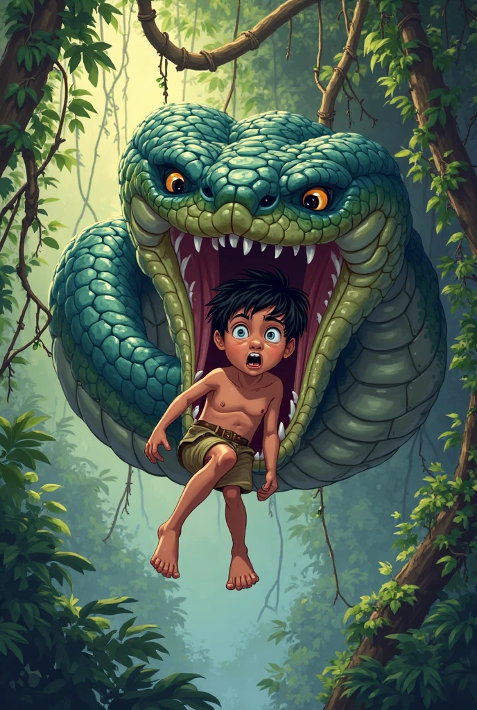 A snake was bitten by a boy on his leg in the jungle cartoon photo