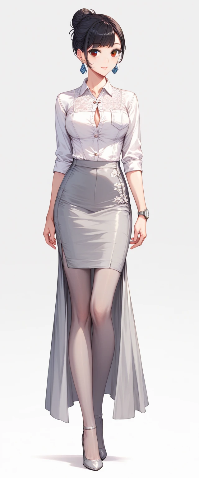 A woman, with purple eyes, short curly brown hair, white color, high,  black boots, thick lips, beautiful, young, slim, and a long skirt with a short slit on the leg in lilac and a white shirt closed with style on the sleeves, Alas