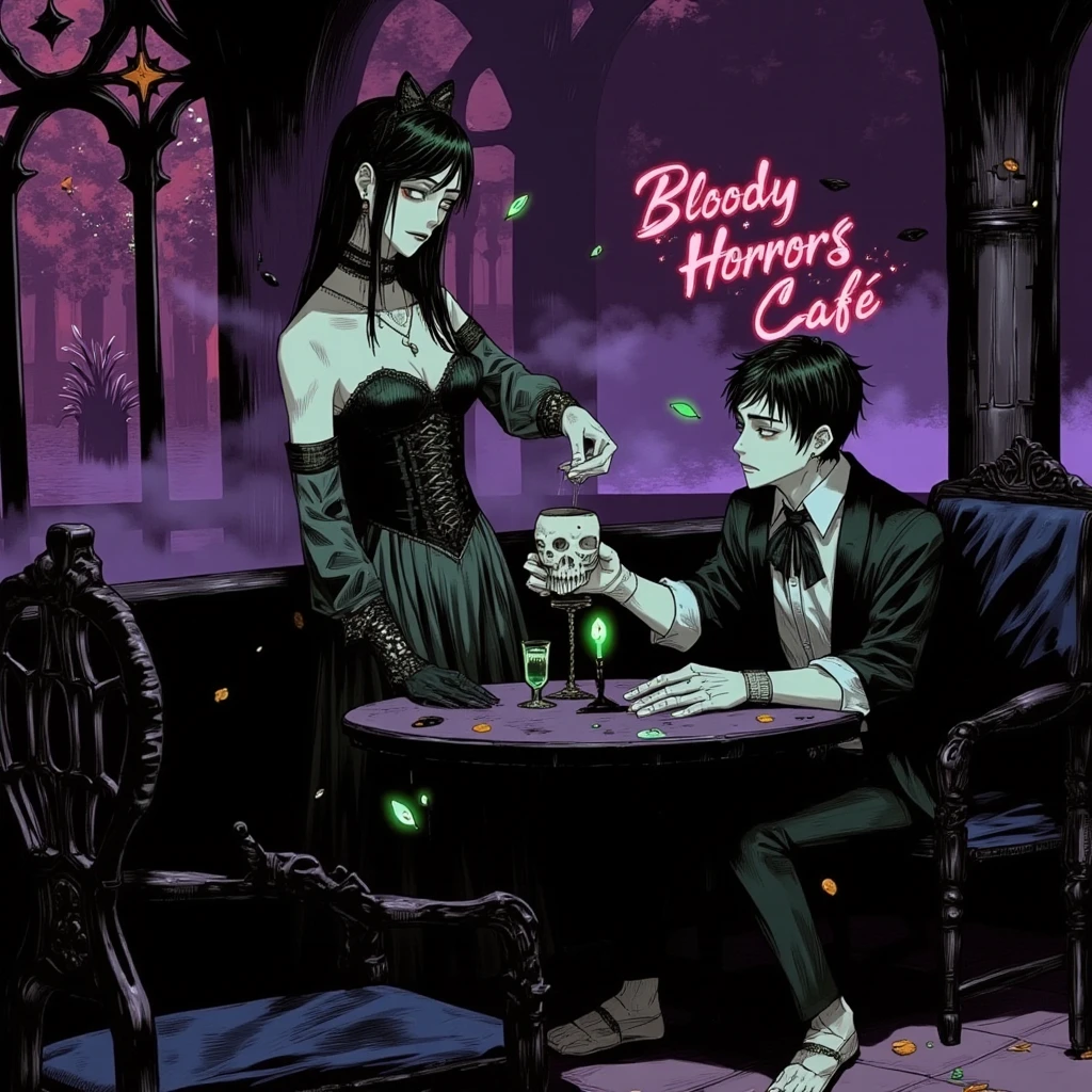 A gothic-themed maid café named "Bloody Horrors Café", set in a dark, enchanted interior with tones of deep violet and eerie green. The space feels like a gothic castle: arched windows with stained glass, tall stone columns, and flickering wrought-iron chandeliers that cast dramatic shadows.
At the center of the scene, a charming vampiric maid is attentively serving a customer seated at a dark round table. The maid wears an elaborate gothic outfit — black corset dress, lace apron, thigh-high stockings, dramatic accessories, and faintly glowing red eyes. Her expression is elegant and mysterious. She offers a skull-shaped teacup filled with glowing green liquid to the guest, who looks both curious and slightly nervous.
The customer is a lone figure, seated and surrounded by enchanted mist rising from their table. Around them are floating black rose petals, magical green sparkles, and the soft glow of candlelight.
The neon red sign "Bloody Horrors Café" glows near the stained glass windows, enhancing the surreal, otherworldly atmosphere. The mood is gothic yet whimsical — like a scene from a dark fairytale, with elements of elegance, horror, and fantasy combined.