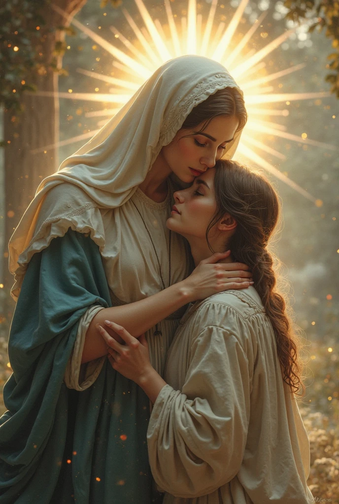 A 13 year old blonde, curly, lowrise, embracing Our Lady of Aparecida as a mother and daughter 