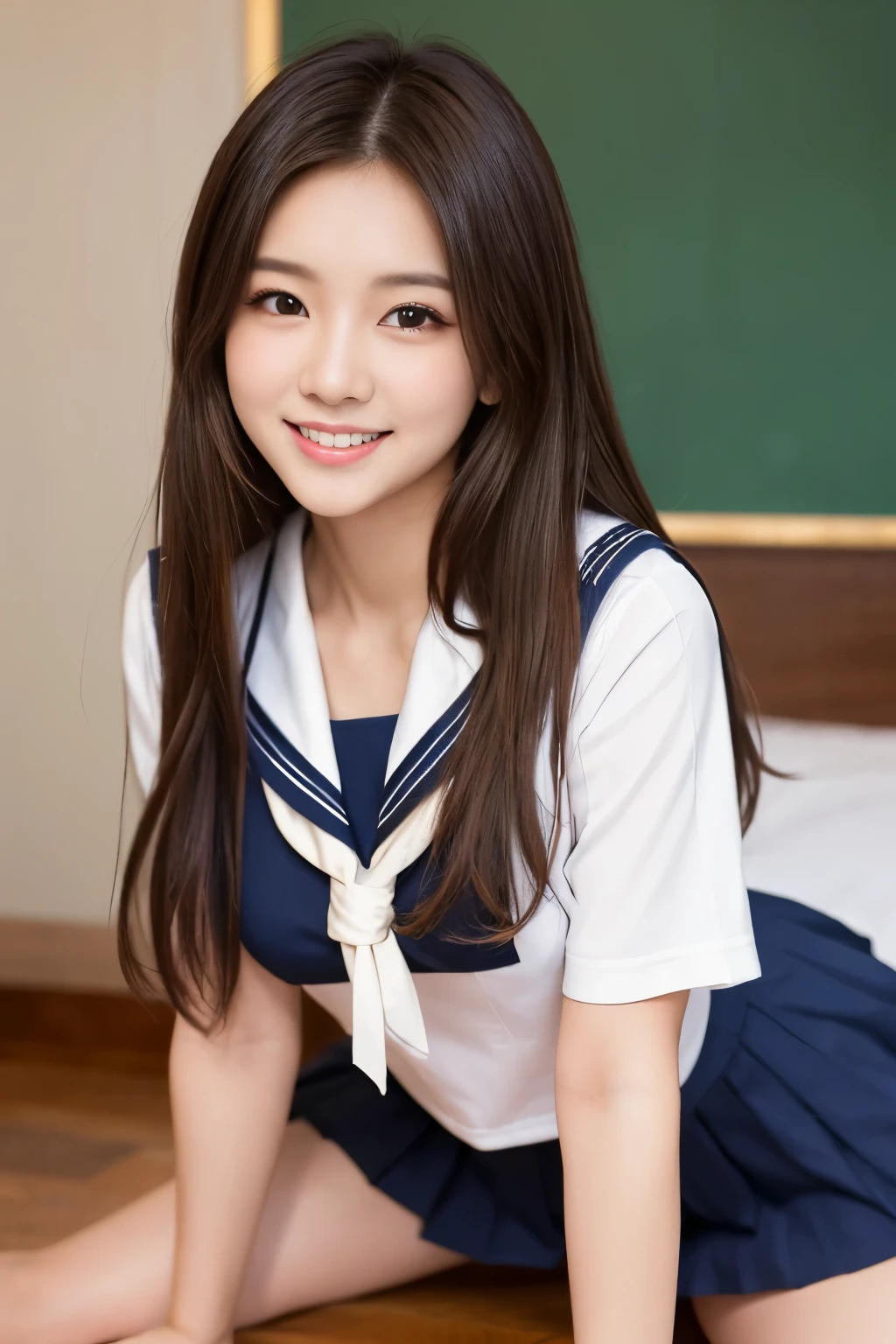 ((Breast enlargement)), (masterpiece, Highest quality:1.2), 8K, Young and beautiful girl, 85mm,Official AR RAW Photos, (Baby Face), ((Small face)), (((Super big breasts))),  Detailed nipples, Show me your ears、photo shoot, Cute face, Thighs, Classroom after school, Looking at the audience, Embarrassing、smile、 makeup, Film Grain, chromatic aberration, Sharp focus, Face Light, Bright lighting, 10 generations, Detailed face, Background blur、((((((14 year old high school girl))))))、Narrow waist, ((Sailor suit, Navy Pleated Skirt)), (White tiny panties), Sit with your hands on your knees