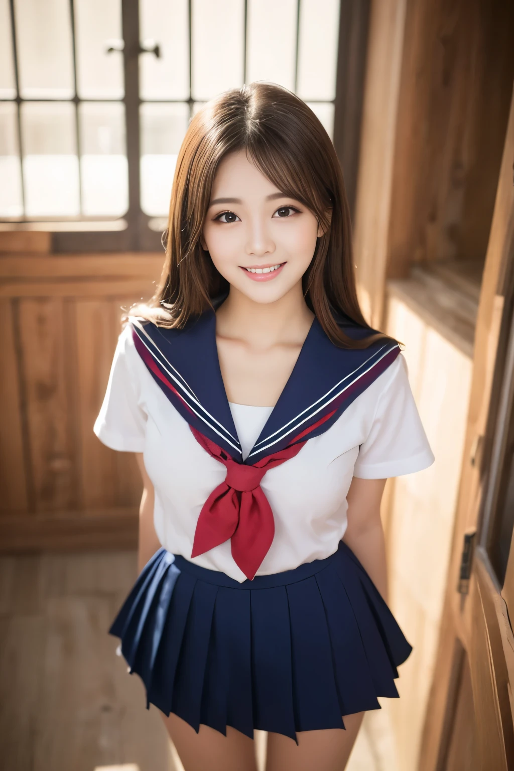 8K, Ultra-high resolution, Highest quality, masterpiece, 三分割法によるphotograph,Surreal, photograph, 1 girl, (16 years old:1.3), pretty girl, Cute face, Beautiful eyes in every detail, 細かくdetailedに,masterpiece,, One Girl:1.2, Japan Female Announcer,whole body、Black Hair、well-groomed eyebrows、Cute Lip Makeup、Calm atmosphere、A short-sleeved shiny dark sailor suit、White sailor collar、Navy blue pleated skirt、Red ribbon、White Stockings、Standing by the window of a classroom、Cute gestures、so beautiful,A carefree smile,Healing the heart,blunt bangs,Looking at the audience、beauty,Long neck、Laugh a little、Please close your mouth and laugh、(((Ideal body type))),A-cup small breasts :2,、Portraiture:2、Perfect Anatomy、鮮明なdetailed、detailed、Surreal、Light and shadow,Strong light