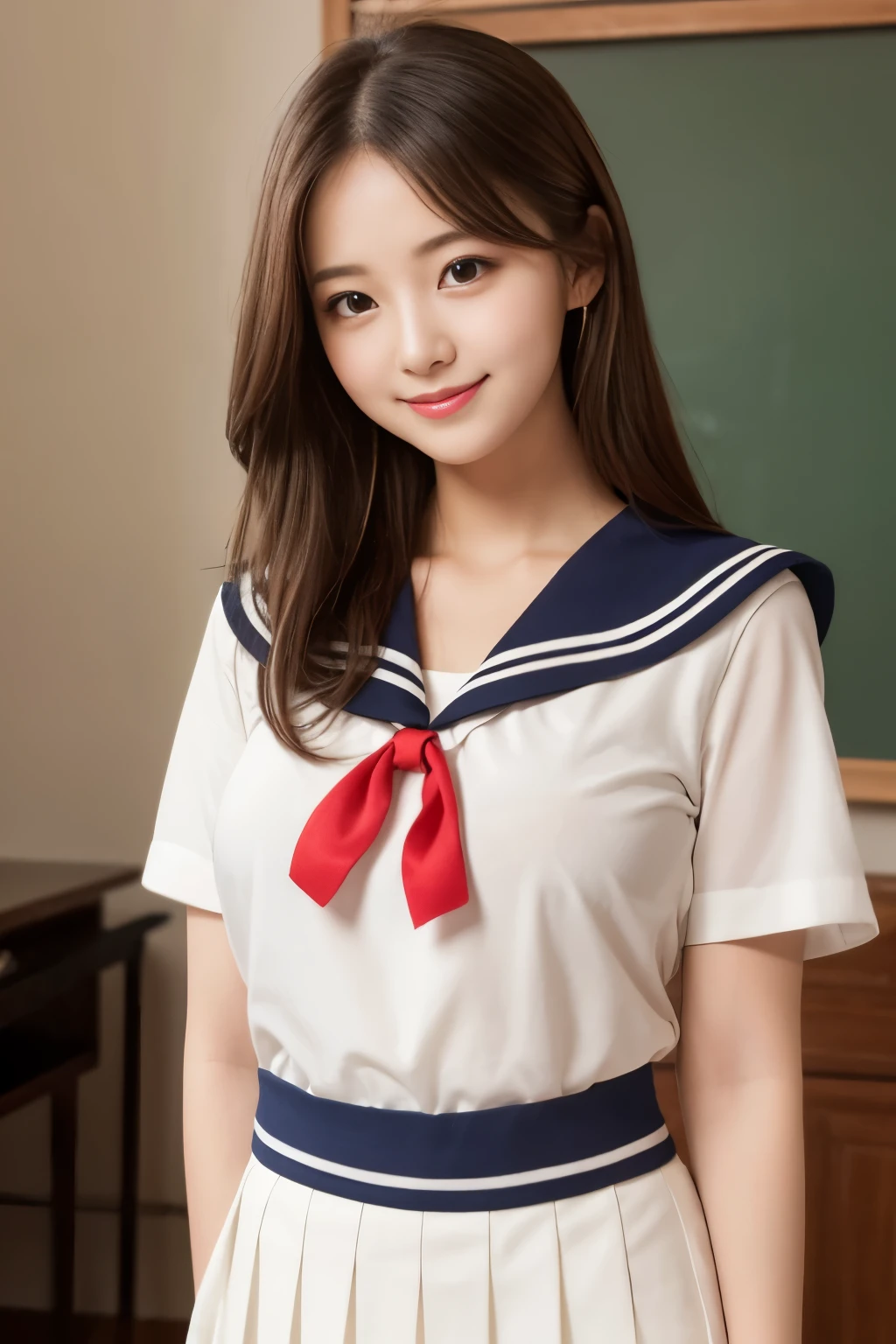 1young girl, extremely detailed CG unified 8k wallpaper, Highly detailed, High-definition raw color photos, Professional Photography, Realistic portrait, Cinematic Light, Bangs, (High School Uniform, Pleated skirt:1.3), (High school uniform with wide open chest:1.2), See-through sheer panties, (Beautiful big breasts:1.2), (Open legs), (no panties:1.3), Cameltoe, Sitting, School, classroom,