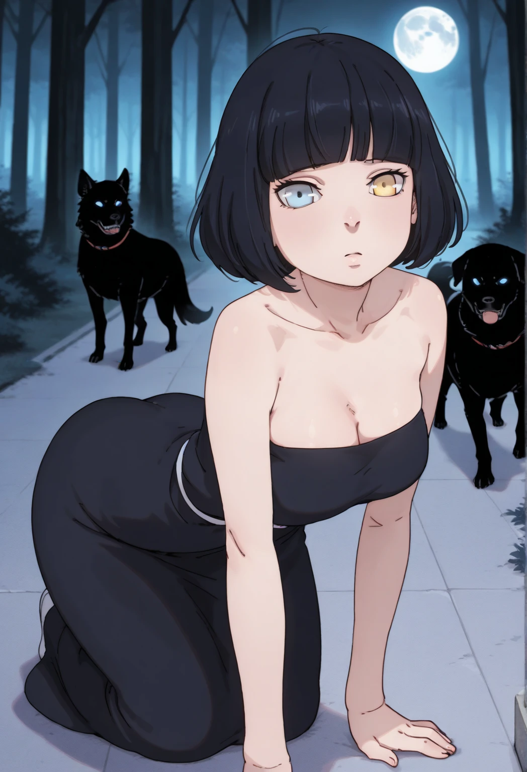 Create an image of a black haired dog boy naked from waist down