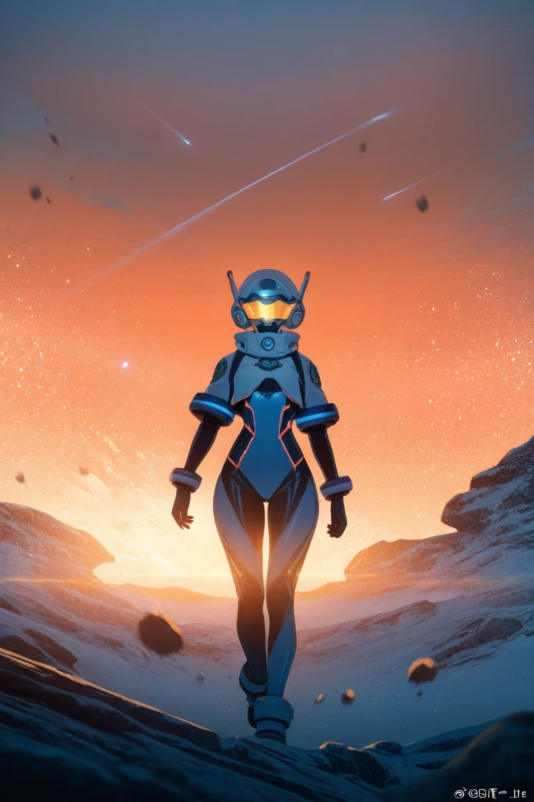 Highly detailed RAW color Photo, Rear Angle, Full Body, of (female space soldier, wearing orange and white space suit, helmet, tined face shield, rebreather, accentuated booty), outdoors, (looking up at advanced alien structure, on alien planet), toned body, big butt, (sci-fi), (mountains:1.1), (lush green vegetation), (two moons in sky:0.8), (highly detailed, hyperdetailed, intricaens flare:0.7), (bloom:0.7), particle effects, raytracing, cinematic lighting, shallow depth of field, photographed on a Sony a9 II, 50mm wide angle lens, sharp focus, cinematic film still from Gravity 2013