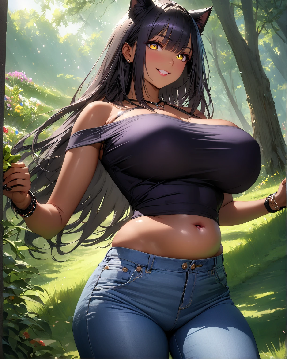 (Best quality, masterpiece: 1.2), Thai girl, big boob sexy lady Cybernetics, Smiling sweetly, Casual outfit: 1.5, Short jeans: 1.5, Detailed facial expression: 1.5,
A Thai cybernetics girl radiating a sweet smile, wearing well-fitted short jeans that accentuate her slender figure. The intricate details of her cybernetic enhancements contrast starkly with her natural, radiant expression. The setting is balanced between natural and urban elements, suggesting a garden or park environment. The sunlight filters through the trees, casting dappled patterns on her body, adding depth and texture to the image. The vivid colors and sharp