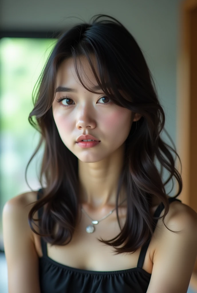 Wolf Hairstyles、Layered hairstyle、Light hairstyle、Inward curled hair、Semi-long hairstyle that reaches below the collarbone、Very bright natural light、In front of a luxury building、White T-shirt、K POPアイドル風な顔、Natural Makeup、Soft dark hair color、Adult atmosphere