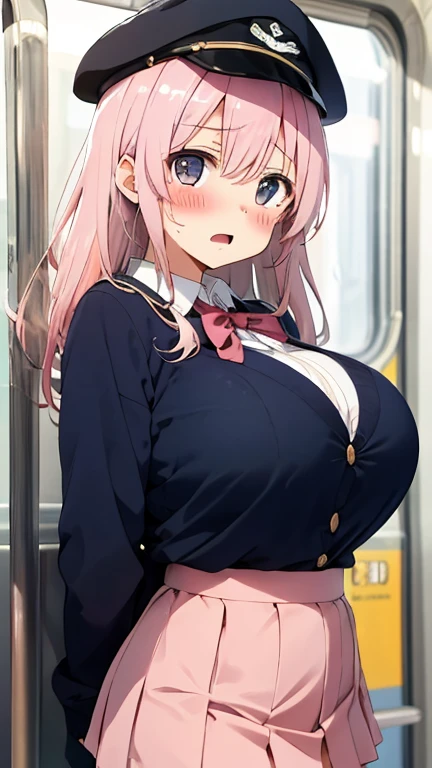 girl, cute, Pink Hair, a boy is grabbing girl’s breasts from behind , on the train, Disgusted face, Molester, Big Breasts, uniform, show off nipples under white shirt, show off pussy,