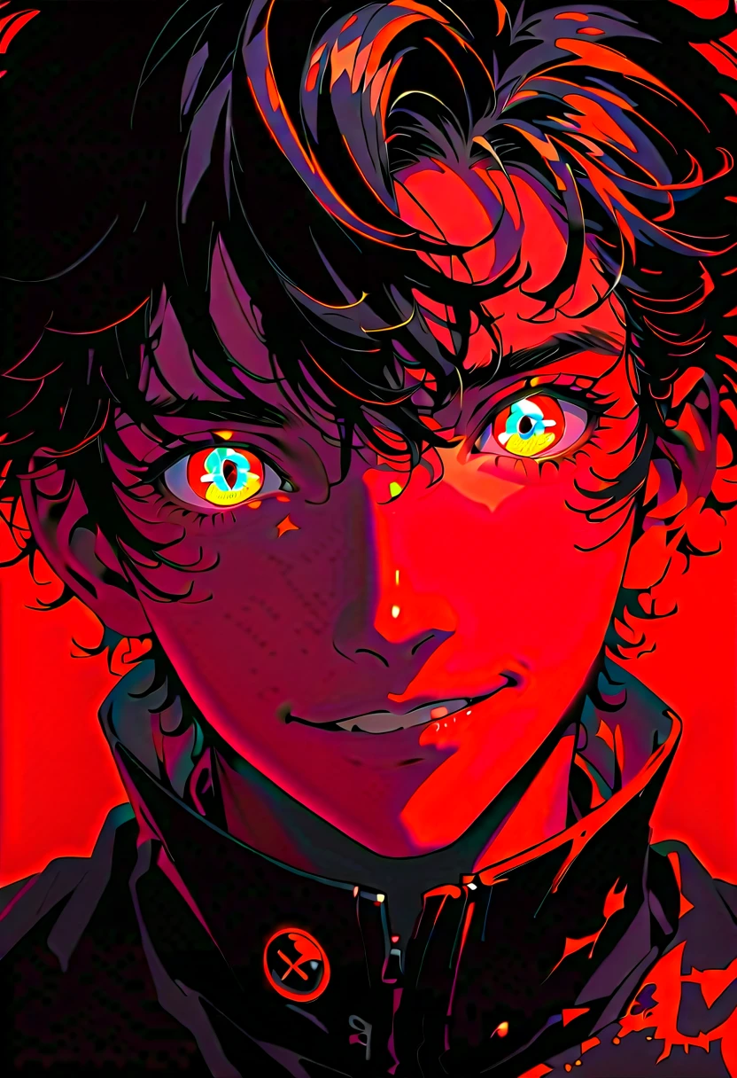 diffusion anime style, upperbody, (face to the side 0.3), boy with messy brown hair bright red eyes, (open eyes 0.7), (serious face 0.2), chaotic, Americana, chalk art, face shot, Simulation, Contrasty, Print, psychedelic colors, sci-fi, subsurface scattering lighting, Hyper-realistic
