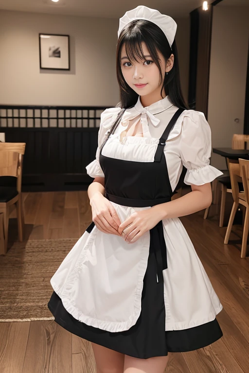 Highest quality, (beautiful)、Extremely delicate eye design、Brown maid outfit、Soft 、Cafe