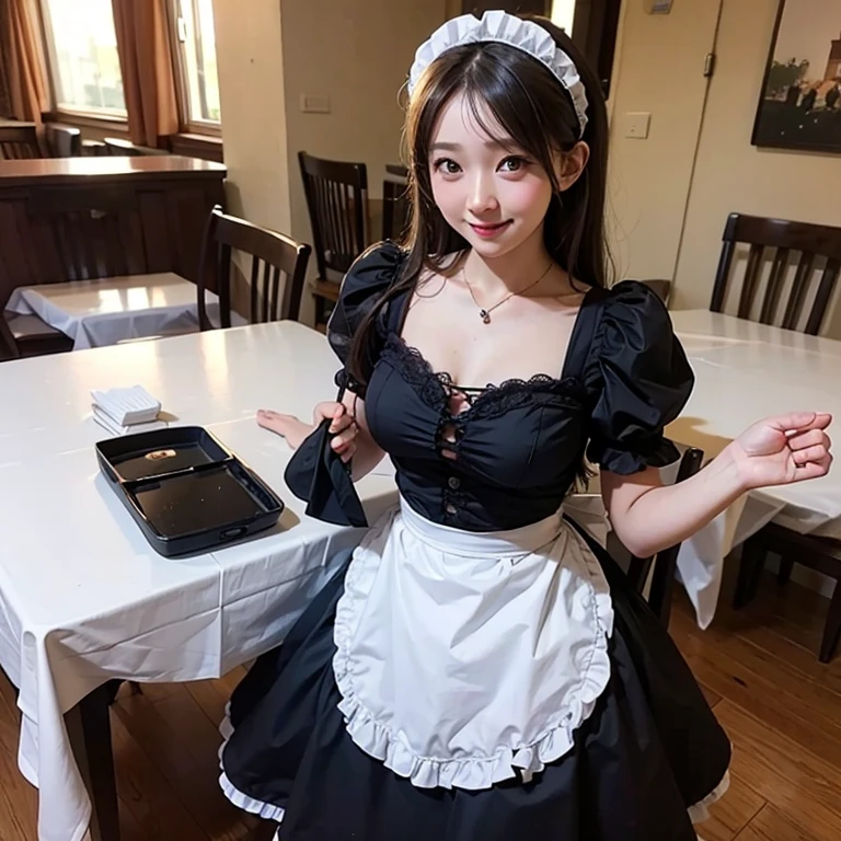 (((Best Quality, masutepiece, 超A high resolution、The most complex and detailed depictions、awardwinning, 8K)))、(1 Beautiful Maid、Half Japan and half Spanish in one、A detailed face、Perfect fingers、Graceful standing、Kitchen in a luxurious castle、Cake making、while making a cake、some fruits、bowl、Tray、sweets making equipment、pinafore、perfect hand、Slimed、Super sophisticated ovens and cookware、Vibrant colors、Cozy lighting, Perfect kitchen with attention to detail、antique kitchen、gothic luxury kitchen、1800 vintage、luxury castle kitchen、face perfect、Crisp face、perfect hand)、(Gorgeous Victorian Maid Dresses、Black and white maid outfit with luxurious long skirt、Huge black and white maid dress、Black and white maid dresses、Black and white maid dresses、with frills、Big apron and black and white maid outfit)、((Very complex and detailed background、Crisp and detailed background、Highly complex and detailed textures、Highly detailed hairstyles))、(Emphasize body lines、[large full breasts],stares at the camera、beautiful smiling face、Big smile、White and clean teeth、Looking at the camera)