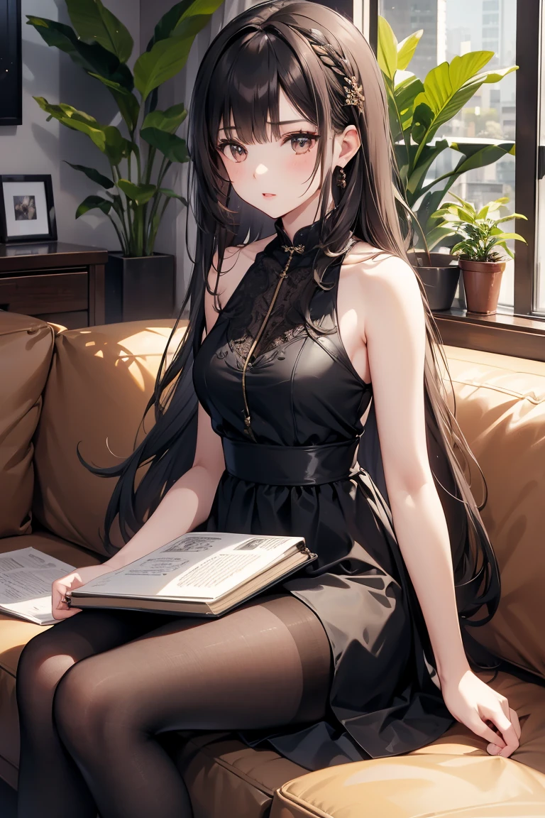 1girl, solo, 20 years old, long hair, breasts, bangs, black hair, hair ornament, dress, holding, bare shoulders, black eyes, jewelry, sitting, closed mouth, pantyhose, earrings, parted lips, sleeveless, indoors, medium hair, black dress, lips, looking to the side, book, black pantyhose, bare arms, sleeveless dress, looking away, plant, couch, potted plant, on couch