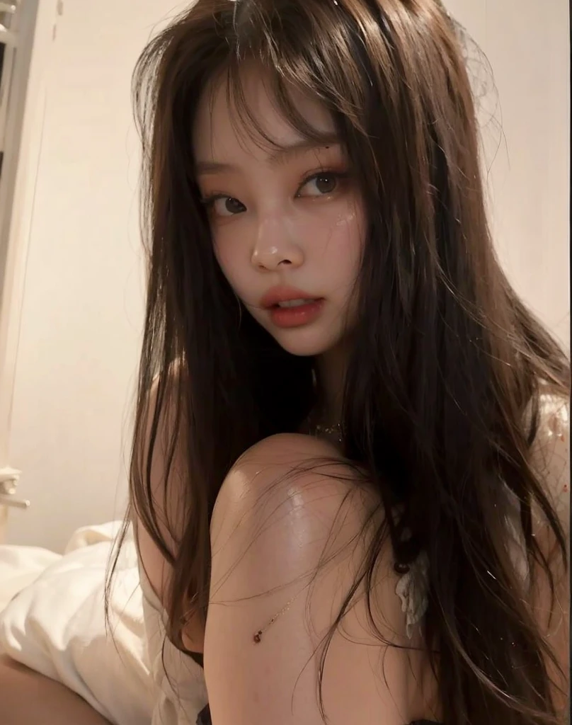 there is a woman lying on a bed with a white sheet,  coreana, Asian girl, beautiful asian, 18 anos de idade, Linda jovem coreana, asian features, young cute wan Asian face, linda mulher sul-coreana, Asian face, olhos do quarto, Linda jovem coreana, young lovely korean face, young asian, Southeast Asian with round face , jennie blackpink 