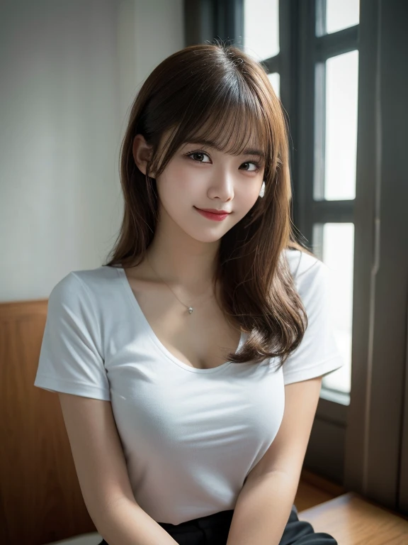 High resolution, One girl, solo, 20-year-old woman, Long Hair, smile, Brown Hair, Large Breasts, Droopy eyes, Double teeth, Simple Background, Background blur, Highest quality, High-resolution model, Ultra high definition, Glamour body, Symmetrical face, Underwear is visible, White T-shirt, Mini Pencil Skirt, Beautiful white skin