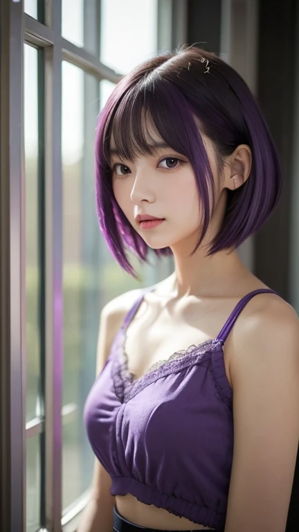 beautiful japanese girl,18 year old beautiful girl,（whole body:1.5) ,physical education sitting,detailed purple hair,Beautiful bob cut,asymmetrical bangs,big magic eyes,detailed purple eyes,pale pink lips,thin eyebrows,smooth soft skin,natural makeup,happy smile,See-through camisole,white bra,Detailed and perfect clavicle,beautiful high resolution breasts,soft and plump breasts,on the bed,Bright interior,Beautiful thighs in high resolution,professional lighting,professional photographer