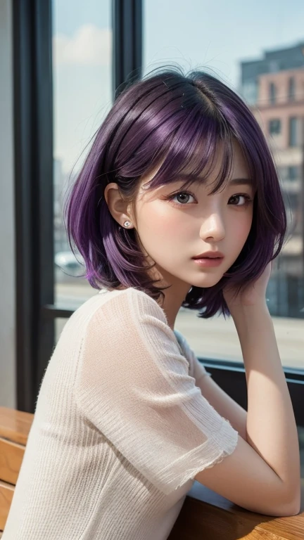 À la Fed woman with white summer knit and purple hair posing for photo, Japan girl, 20 year old girl, Japan 20 year old girl, short white hair, white bangs, short hair with bangs, white princess cut hairstyle, white french bob, white French bob hairstyle, short bob white hair, white bob cut hair, white bangs of hair, girl silver hair, real life girl, white short hair, Realistic skin 30k, real human 30k, beautiful photo, girl with Leonardo da Vinci manuscript in background, human girl with Leonardo da Vinci notebook in background, cute girl, --auto --s2