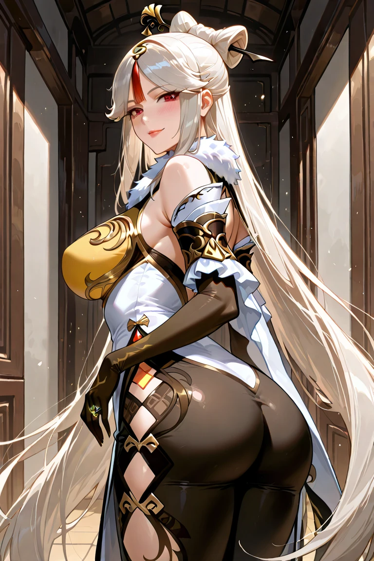 "A full-body portrait of a female performer wearing a soft and elegant outfit, featuring a leotard with minimal metallic elements. The outfit is made from smooth, luxurious fabrics, with gentle, delicate details. She wears a stylish hat adorned with feathers, adding a touch of grace and sophistication to her look. The background is set in a steampunk-inspired scene filled with vintage analogue devices, gears, and airships floating in the sky. The scene has a warm, inviting atmosphere, blending classic and futuristic styles seamlessly.