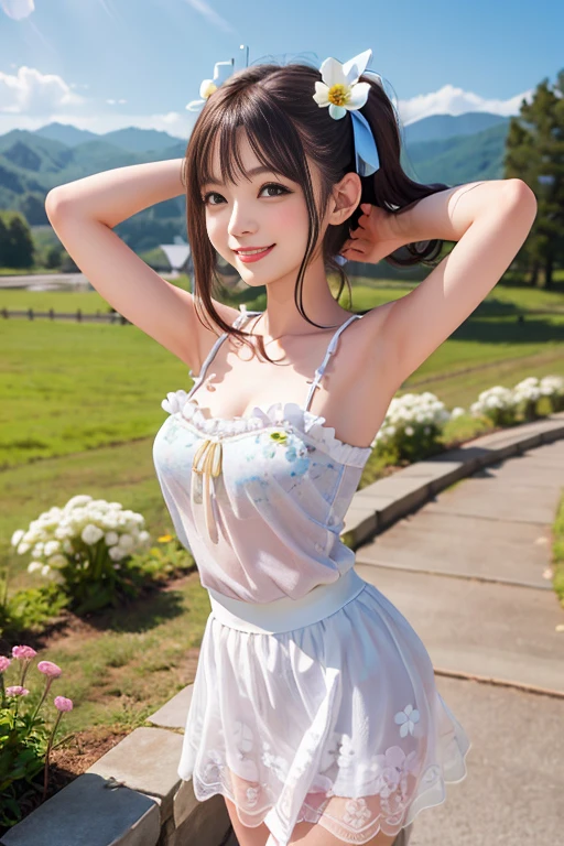 (HDR,16k, RAW portrait of a beautiful girl, best quality, ultra detailed,masterpiece:1.2),
(super fine illustration:1.3),(realistic), (highly detailed skin:1.2), ultra-high resolution, (lenz 28mm),
perfect skin,perfect face,perfect eyes,beautiful eyes,
1girl,16 yo,medium breasts,brown medium hair,
open chest,beautiful feet,nipples standing,trails of arms motion blur,
(happy smile),(petite),(slender:1.3),(natural makeup),(white Ballet outfit:1.1),(tutu skirt:1.1),(ponytail:1.2),(japanese girl),Nemu