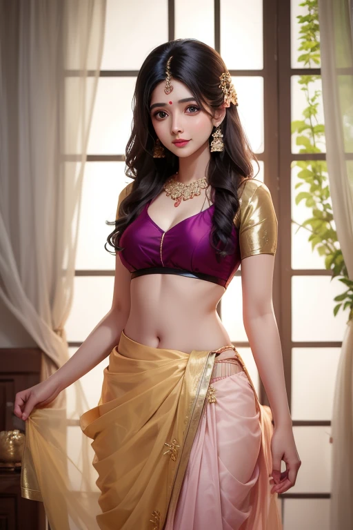 Beautiful indian girl black hair smile face dream full eyes come form heaven pink saree,rainy background nurturescape midnight ultra realistic 8k