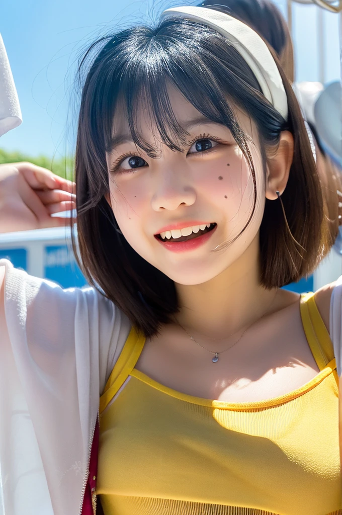 8k、Two beautiful girls, aged 12 and 18,、Detailed face、See-through Camisole Dresses、Rembrandt Lighting,(Photorealistic:1.2), (highest quality), (Detailed skin:1.3), (Intricate details), Ray Tracing,Two Girls, In detail,real,RAW Photos & Realistic atmosphere,、Beautiful, shining lips, Detailed face、Cheek to cheek,Chest depth - at sea、Strong winds (highest quality,masterpiece:1.3,Ultra-high resolution),(Very detailed,Caustics,8k),(Realistic:1.4,RAW shooting),Japanese,cute,Black short ponytail and twin tails,I'm looking at the camera with a smile on my face,Sailor suit,forward leaning posture,(Face Focus:1.1),(Face close-up:1.1),(Low position::1.3),(Low Angle::1.3),blue sky,Natural light