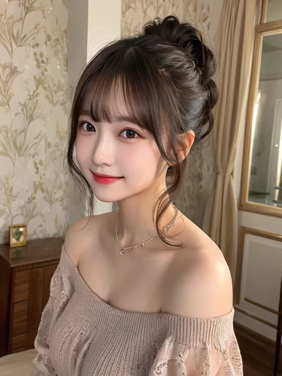 (Super realistic), (An illustration), (High resolution), (8K), (very detailed), (最高のAn illustration美しい詳細な目), (highest quality), (Super detailed), (masterpiece), (wall-), (details face), (Beautiful smile)、(beautiful expression)、medium long cut hair、Ear hooks with bangs、solo、(((cute japanese girl)))、highest quality、8K、At 32K、masterpiece、ticker:1.2)、1 girl、beautiful japanese woman、gorgeous young japanese woman, japanese model、cute type、Nogizaka series、gravure model、Super detailedな顔、Super detailedな目、Super detailedなボディ、Super detailedな背景、Around 40 women with short hair wearing thin tops,advertising pictures、pose for a photo、japanese fashion、Japanese woman wearing an orange knit 、An arafi woman wearing an orange sweater sitting at a table,big breasts(((rather large breasts、E cup、Is there a cleavage?)))、 Dilraba Dilmurat, kiko mizuhara, Chiho, beautiful images, Yoshitomo Nara, nodded, Chie Yoshii's style, wearing a red turtleneck sweater, Ayaka, various poses, pretty girl