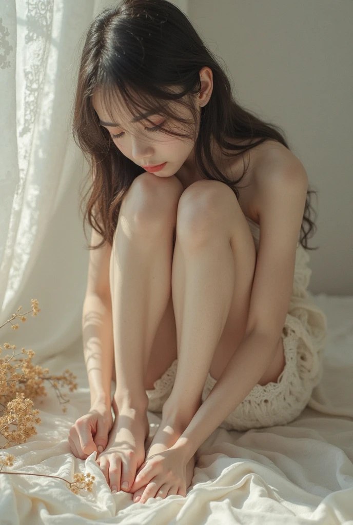 A young woman is sitting barefoot, view of her foot shown from low on the ground, looking up at woman