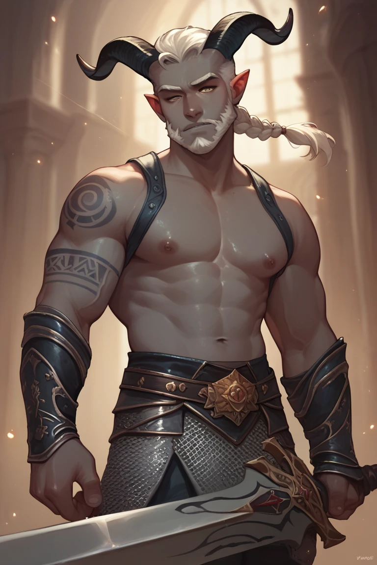 (masterpiece, best quality),1 old man, muscular, orc, shirtless, wearing only a speedo