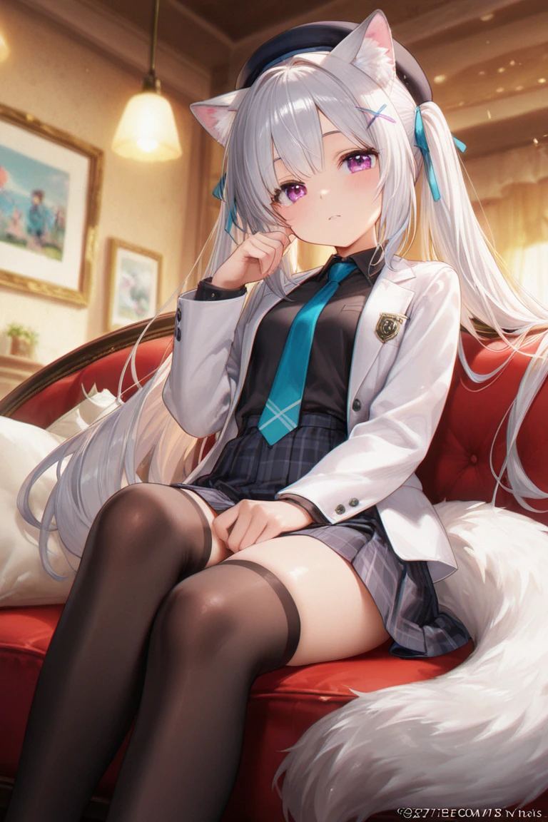 One girl with long hair, white hair, banglue inner hair:1.25) , purple eyes, looking at viewer, blushing, embarrassed, (embarrassed:1.2), nurse, nurse hat, indoor, bedroom, slim, dizzy, mid-chest, wide hips, perfect waist, day atmosphere, hair ornament, bare legs, sitting, kneeling pose
