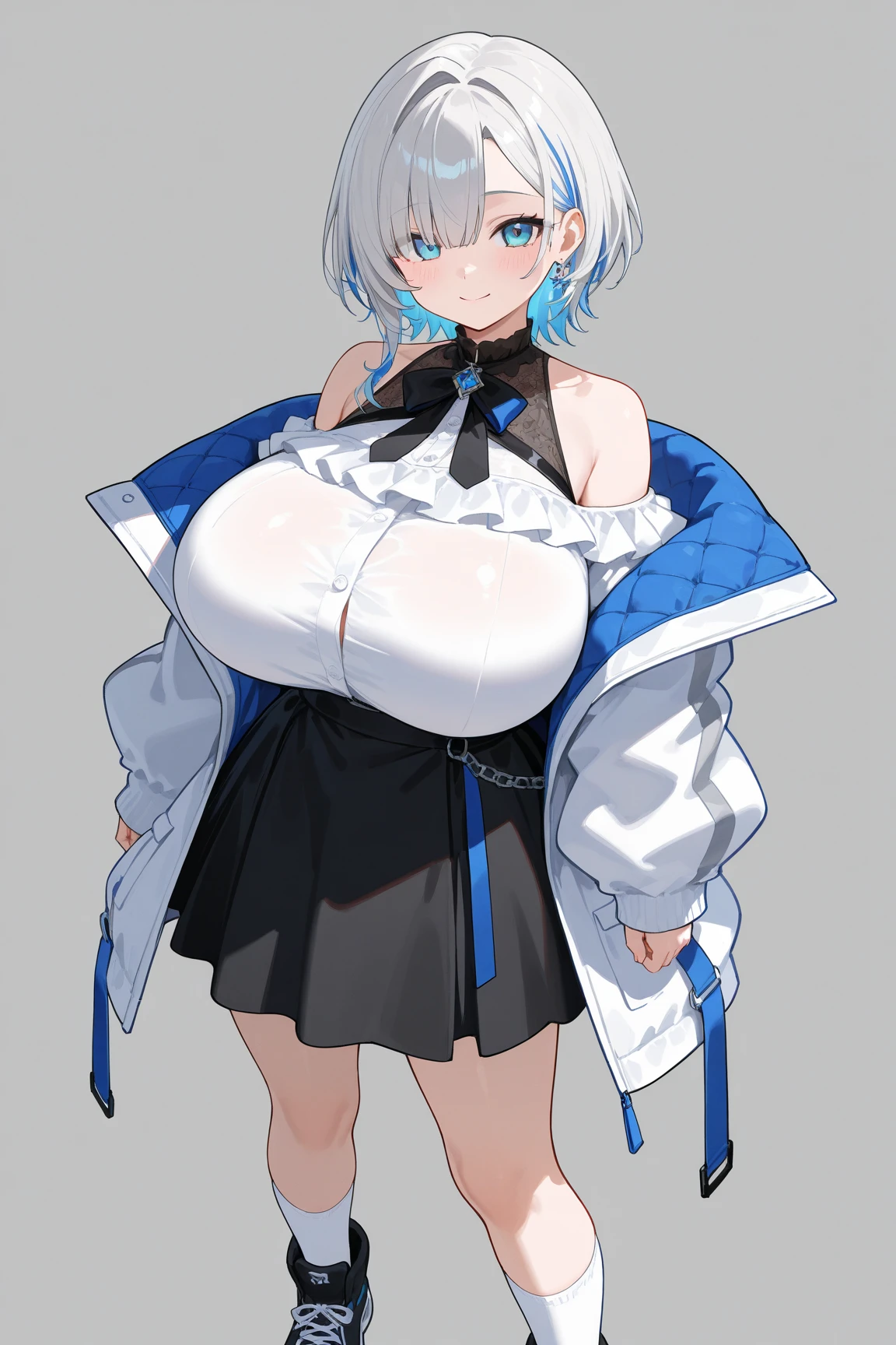 an illustration showing an anime style of girl in 

brid, hair over one eye, garrison cap, earrings, necktie, sleeveless, sideboob, bridal gauntlets, high-waist skirt, blue dress,

1 girl, 20yo,YOUNG female,Beautiful Finger, Beautiful long legs ,Beautiful body ,Beautiful Nose ,Beautiful character design, perfect eyes, perfect face,

official art, extremely detailed CG unity 8k wallpaper, perfect lighting,Colorful, Bright_Front_face_Lightinasterpiece:1.0),(best_quality:1.0), ultra high res,4K,ultra-detailed,
photography, 8K, HDR, highres, absurdres:1.2, Kodak portra 400, film grain, blurry background, bokeh:1.2, lens flare, (vibrant_color:1.2)
, (beautiful_face:1.5),(narrow_waist), (Beautiful,Huge_Breasts:1.3)

