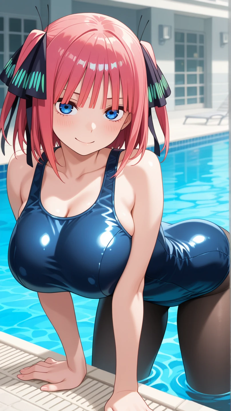 masterpiece, best quality, ultra detailed, best illustration, nsfw, 1girl, one-piece swimsuit, nakano nino, bangs, pink_hair, blunt_bangs, butterfly hair ornament, blue eyes